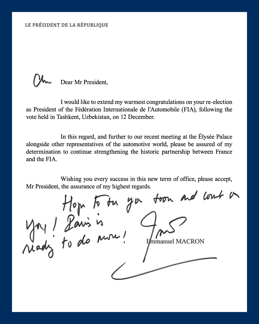 French President Congratulates Ben Sulayem On Re-Election As Fia President 